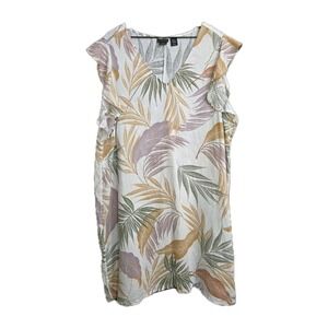 Tahari Linen Dress Palm Tropical Print Ruffle Boho Summer Neutral Resortwear 2X